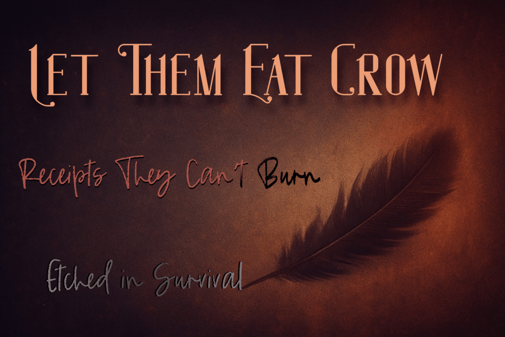 Let Them Eat Crow logo featuring a crow feather on a warm textured background with the words "Receipts They Can't Burn" and "Etched in Survival."