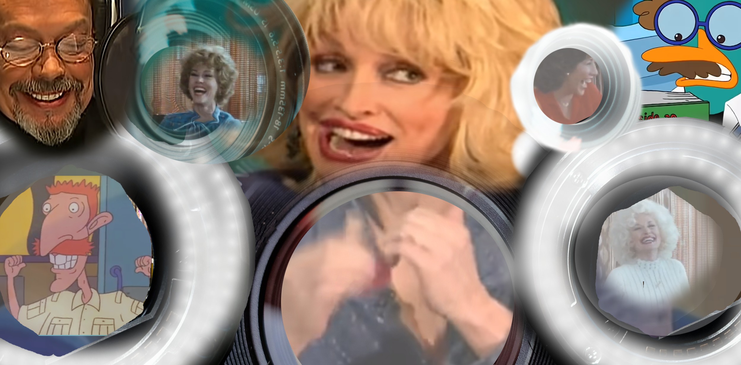 Collage of Dolly Parton, Tim Curry, and characters from their work, including Doralee, Nigel Thornberry, and Perry the Platypus, arranged around a central aperture showing Dolly Parton’s nails